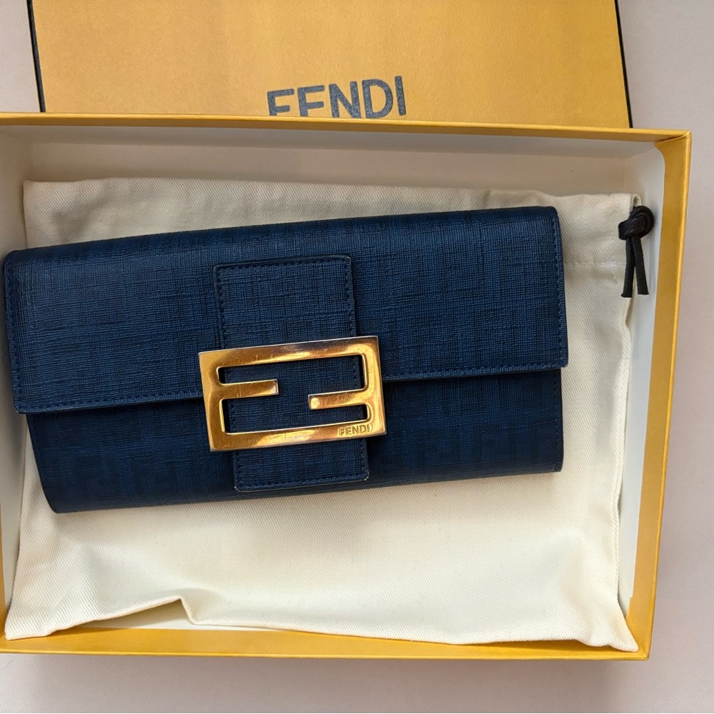 Fendi Blue and Gold Clutch with Iconic FF Buckle